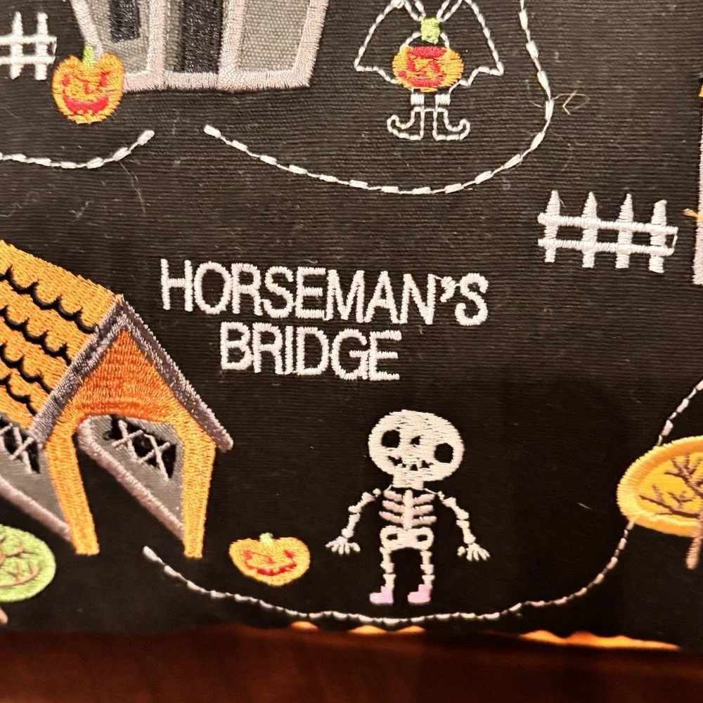 Isaac Mizrahi Halloween Pillow NWT Embroidered Spooky Village Lumbar Black